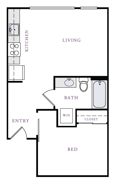 Floor plan for 1 bed, 1 bath, 532 sqft